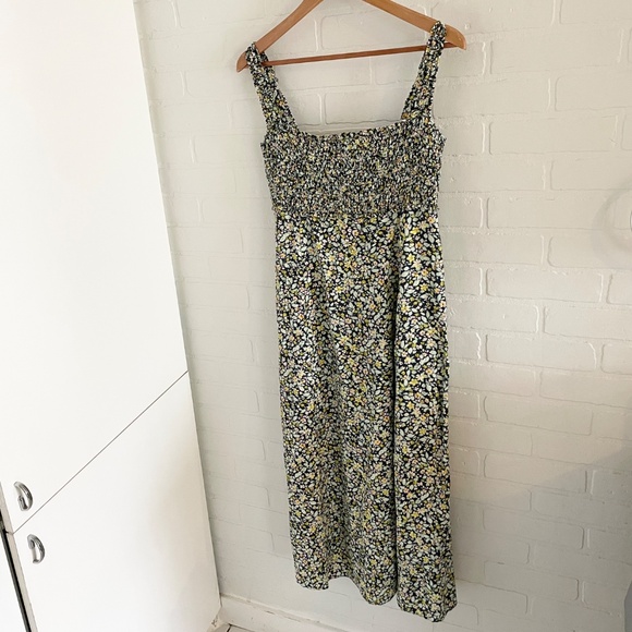 Zara Midi Maxi Dress Coquette Floral print Smoked Linen Viscose Babydoll Sz L - Picture 5 of 16